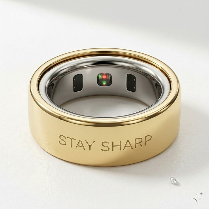 STAY SHARP laser engraved 14K Yellow Gold Oura Ring cover