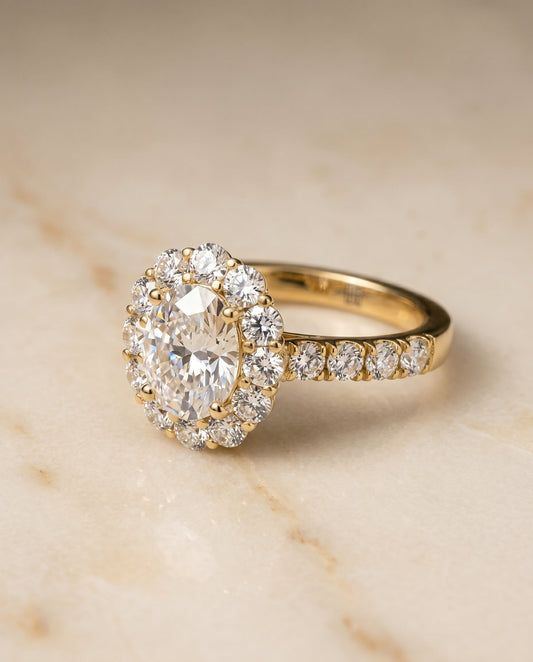 The Alannah Pavé Halo Engagement Ring Setting for Oval Diamonds in 18K Yellow Gold | RockHer