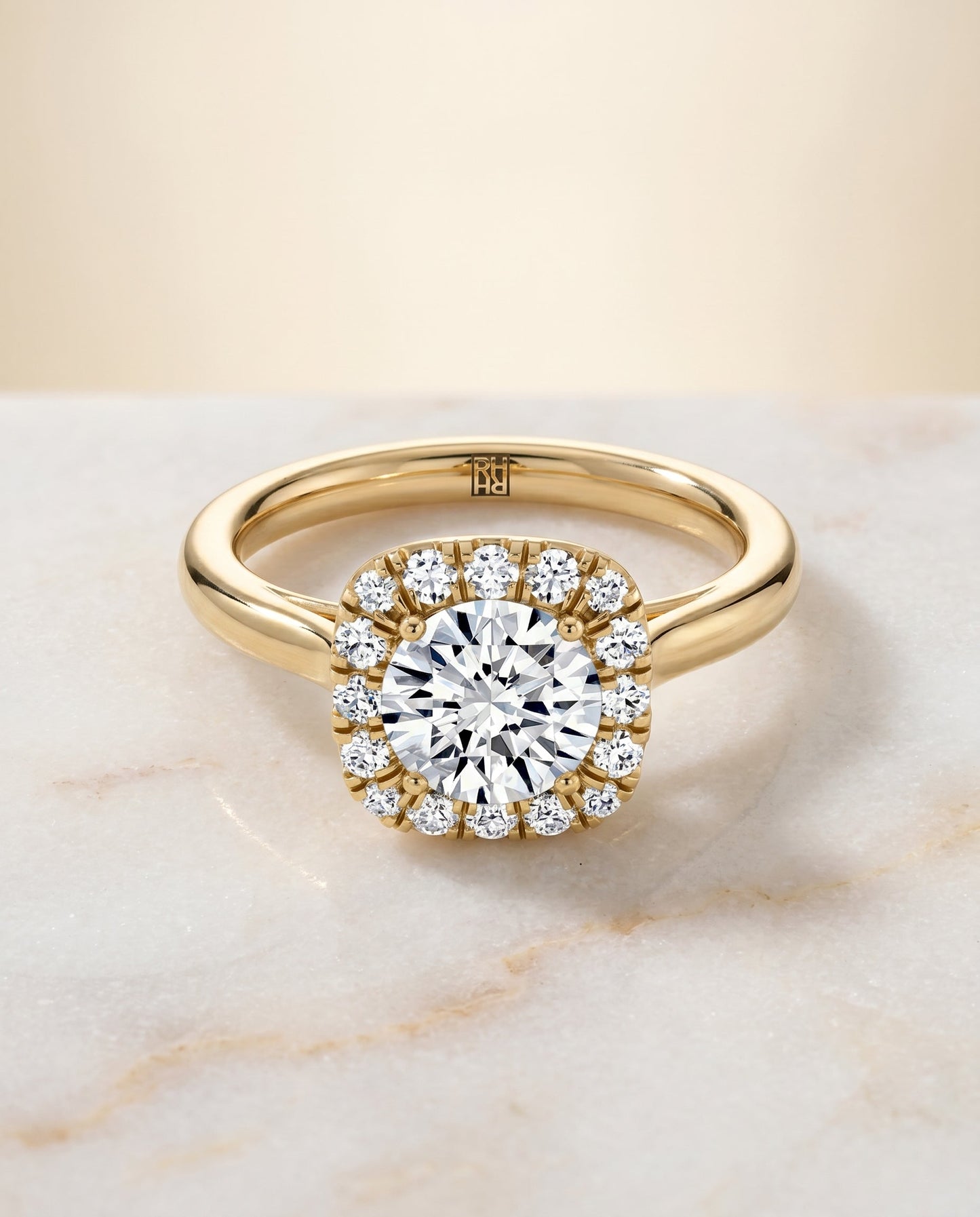 The Amy Pavé Halo Engagement Ring Setting for Round Diamonds in 18K Yellow Gold | RockHer