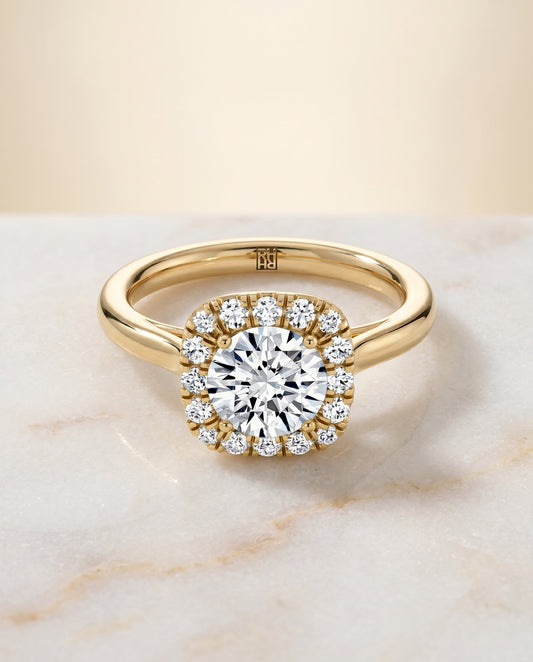 The Amy Pavé Halo Engagement Ring Setting for Round Diamonds in 18K Yellow Gold | RockHer
