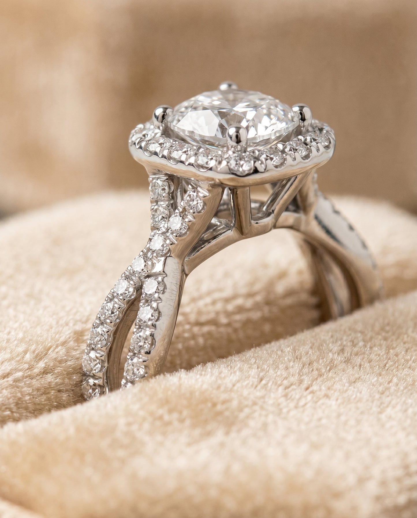 Audra Select Twisted Scalloped Pave Halo Cushion in Platinum – view 4