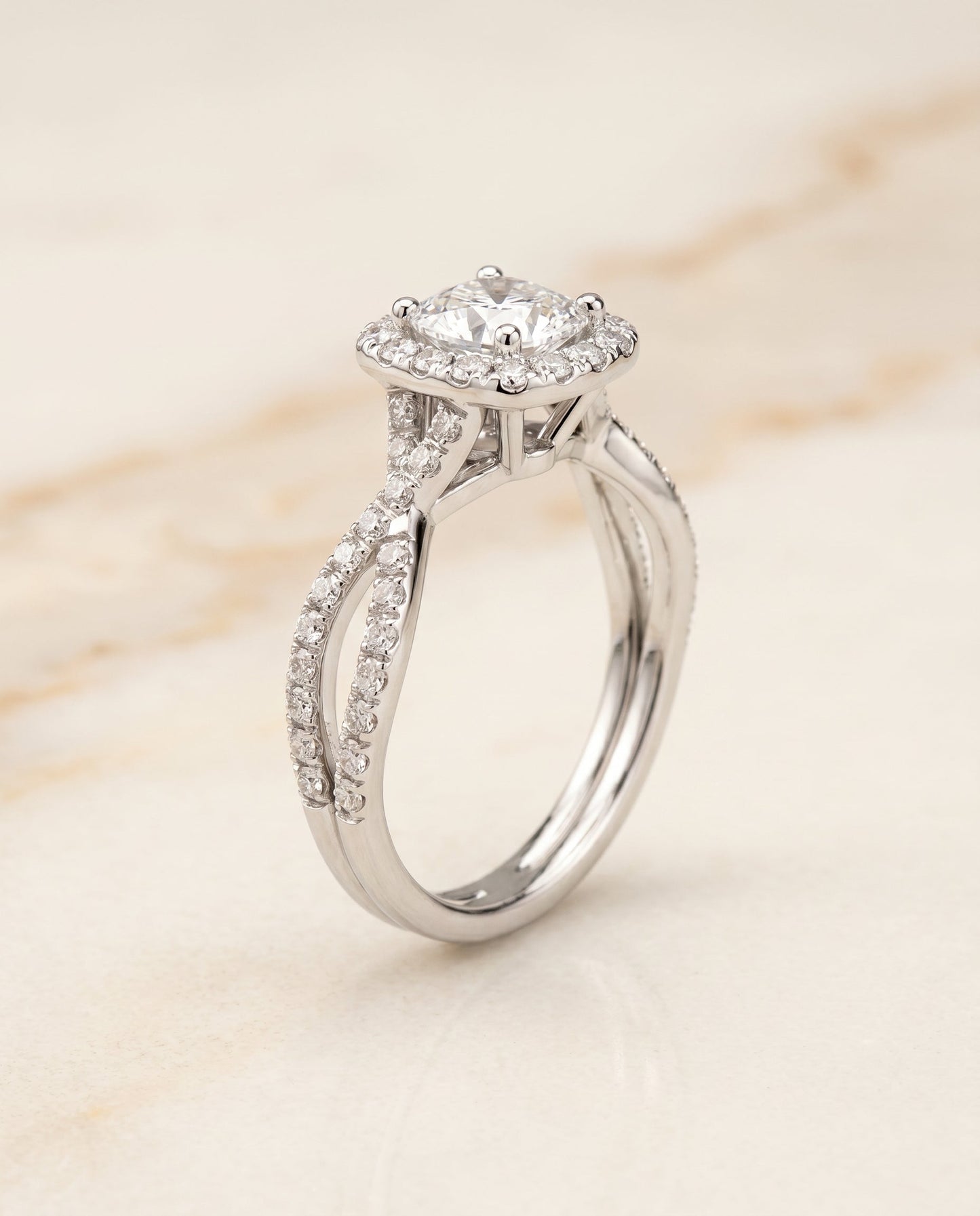 Audra Select Twisted Scalloped Pave Halo Cushion in Platinum – view 2