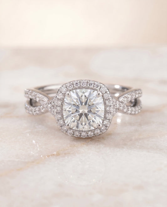 Audra Select Twisted Scalloped Pave Halo Cushion in Platinum – view 1