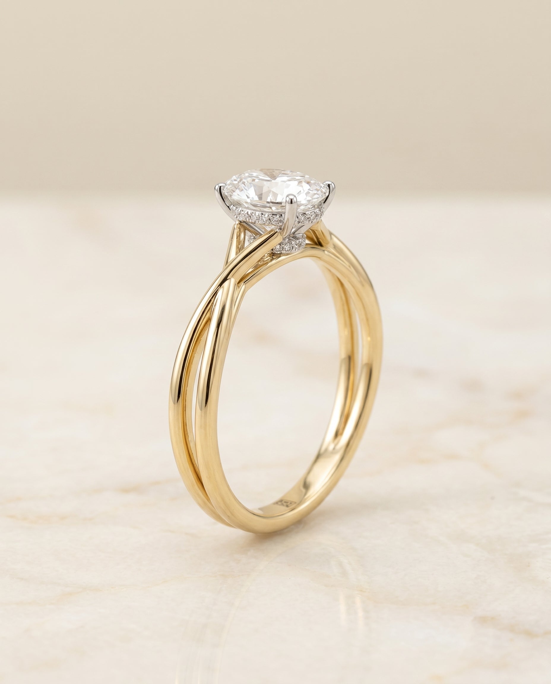 The Blondie Twisted Hidden Halo Solitaire Engagement Ring Setting for Oval Diamonds in 18K Yellow Gold | RockHer