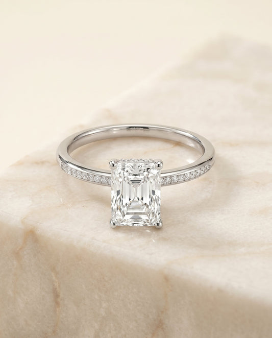 The Brenda Hidden Halo Solitaire Engagement Ring Setting for Radiant Diamonds in 18K White Gold | RockHer