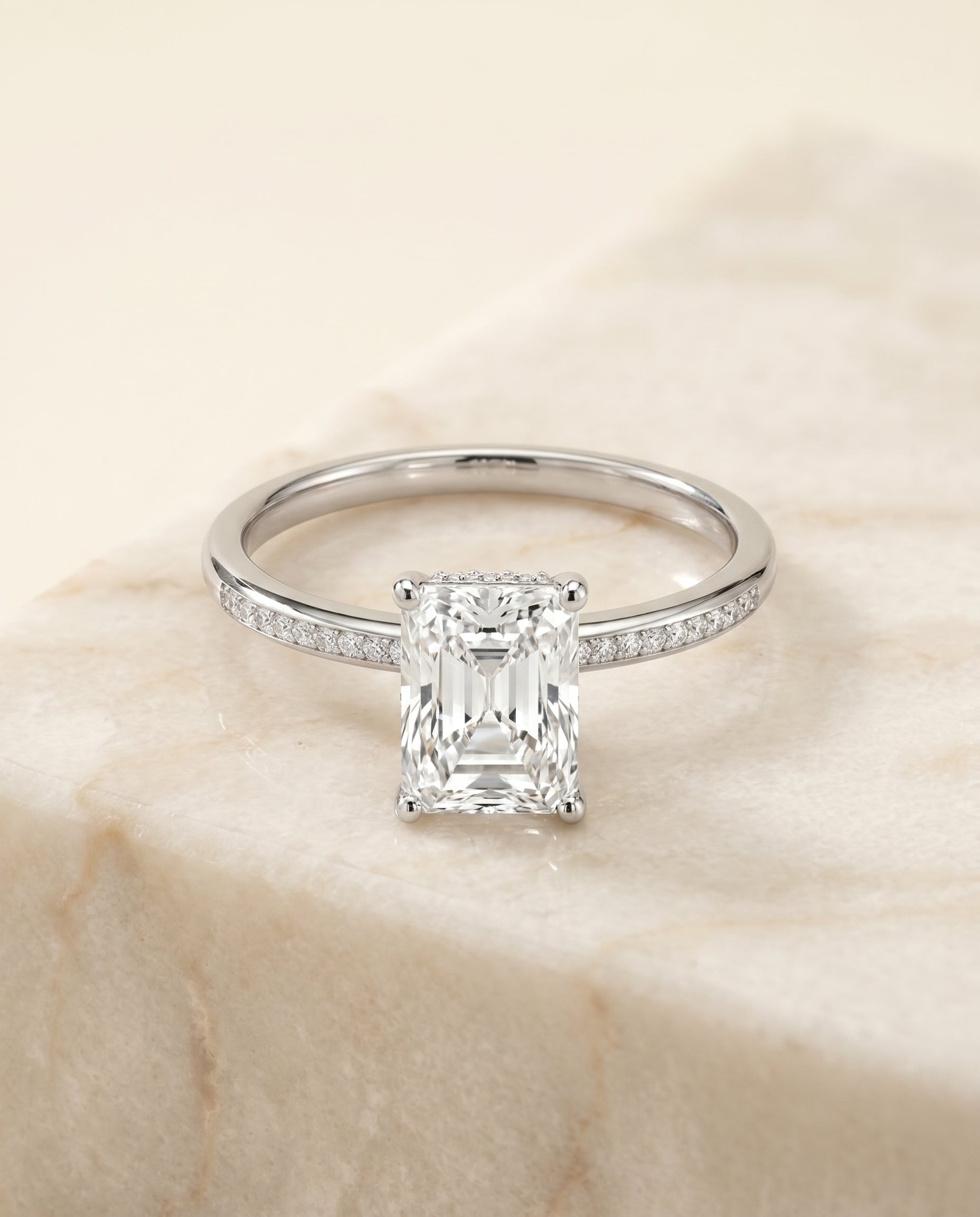 The Brenda Hidden Halo Solitaire Engagement Ring Setting for Radiant Diamonds in 18K White Gold | RockHer