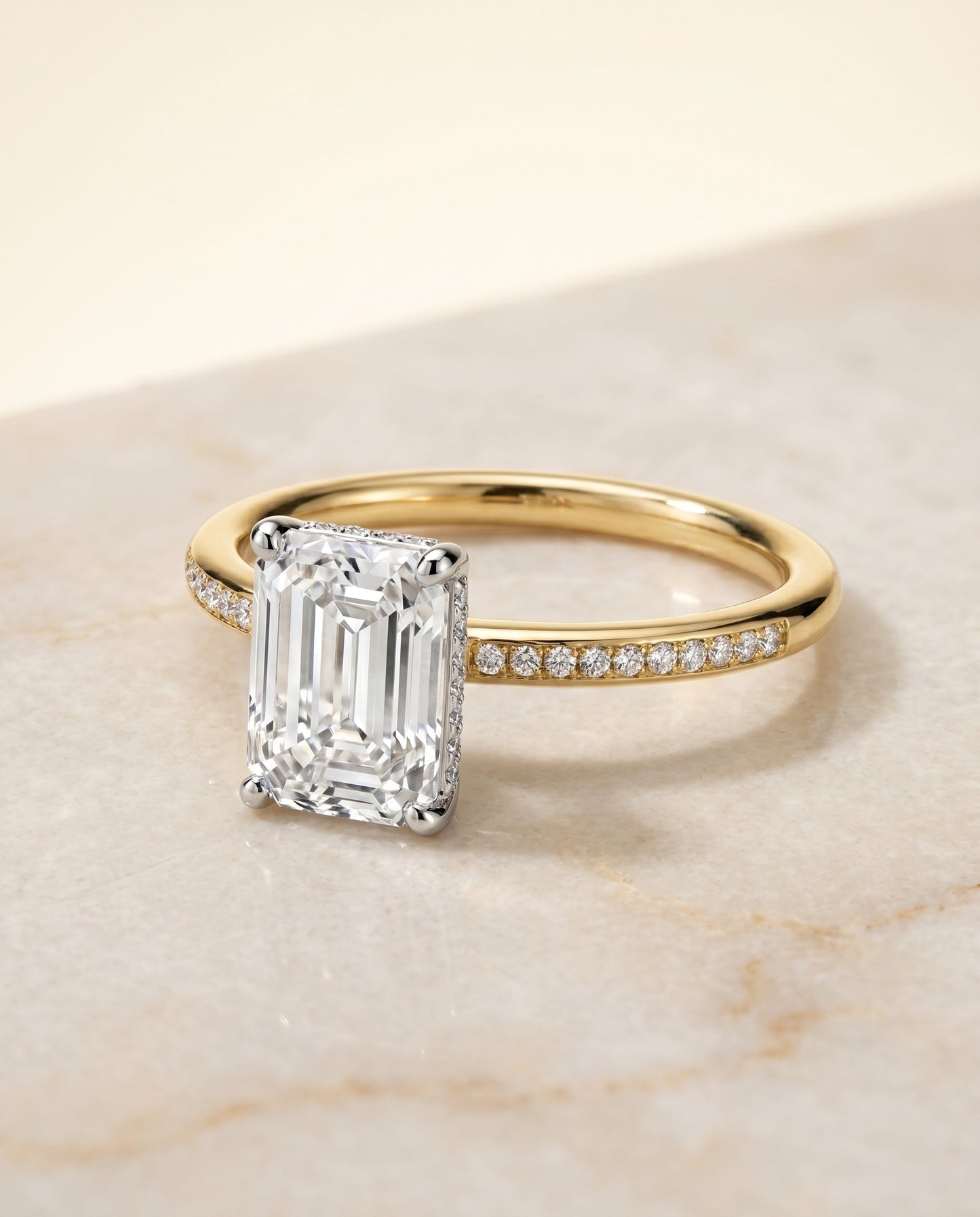 The Brenda Hidden Halo Solitaire Engagement Ring Setting for Emerald Cut Diamonds in 18K Yellow Gold | RockHer