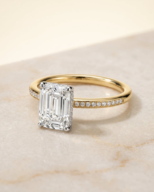 The Brenda Hidden Halo Solitaire Engagement Ring Setting for Emerald Cut Diamonds in 18K Yellow Gold | RockHer