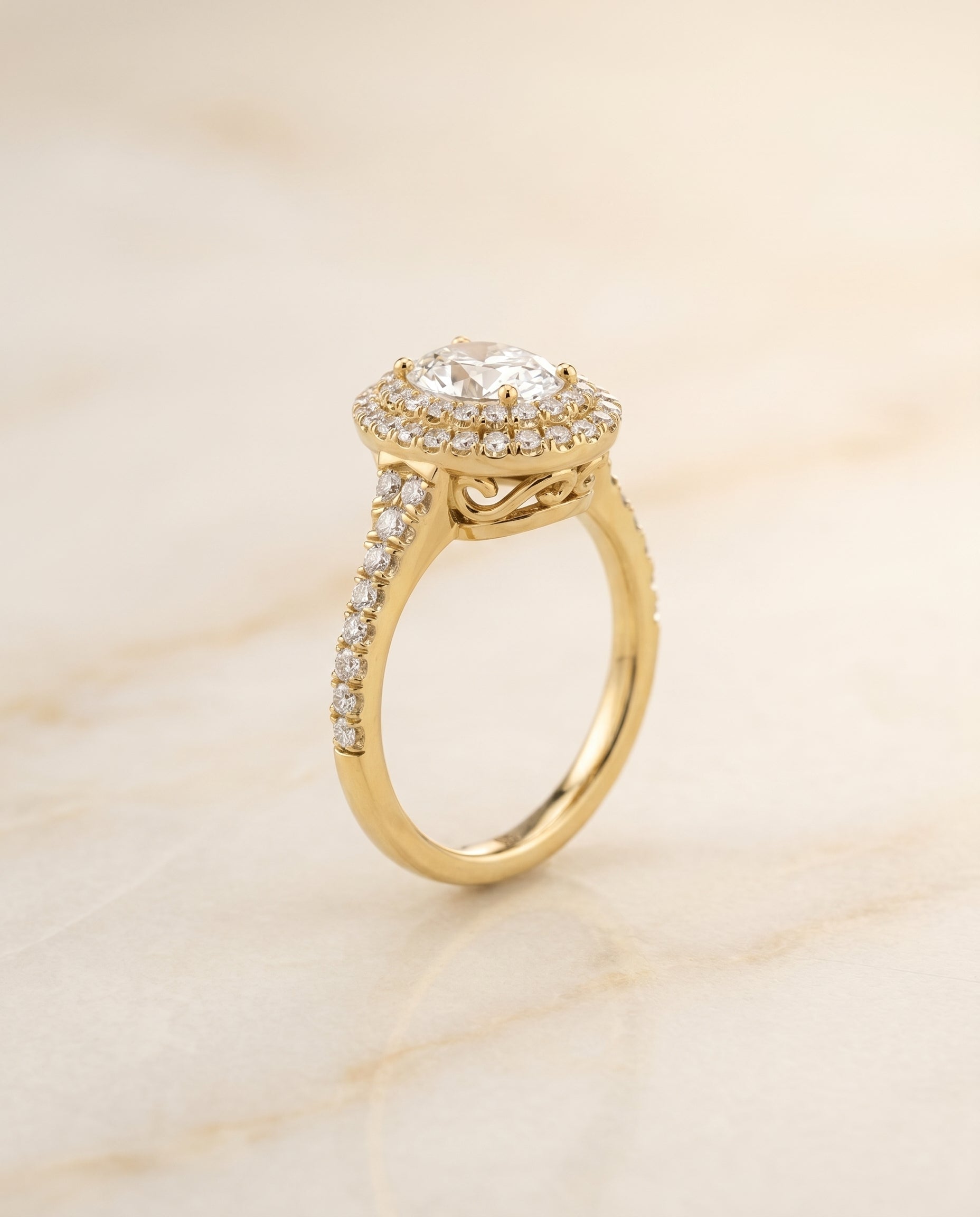 Britney Select Double Scalloped Pave Halo Oval in 14K Yellow Gold – view 1