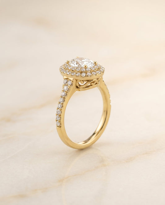 Britney Select Double Scalloped Pave Halo Oval in 14K Yellow Gold – view 1