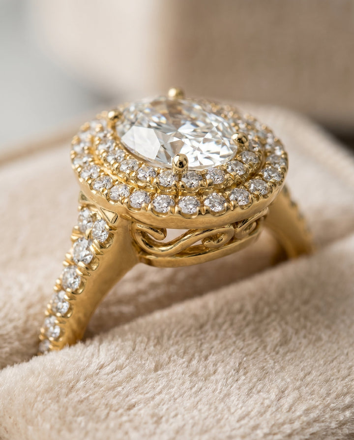 Britney Select Double Scalloped Pave Halo Oval in 18K Yellow Gold – view 4