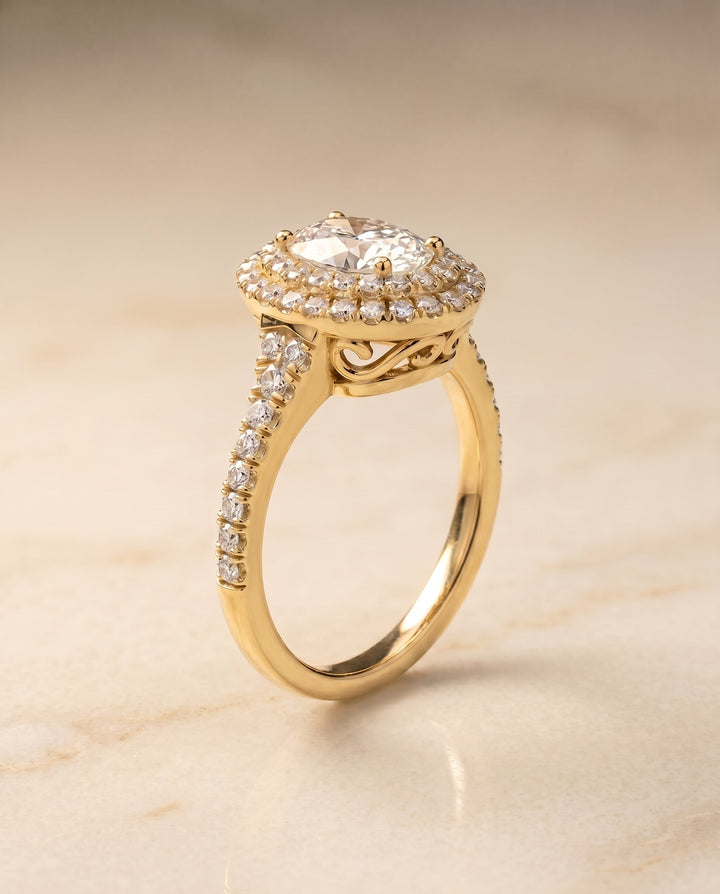 Britney Select Double Scalloped Pave Halo Oval in 14K Yellow Gold – view 6