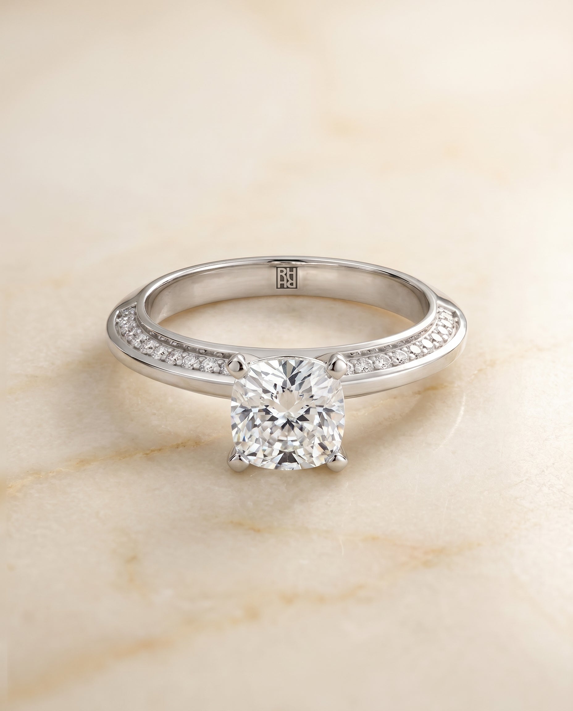 The Clover Engagement Ring Setting for Cushion Diamonds in 18K White Gold | RockHer