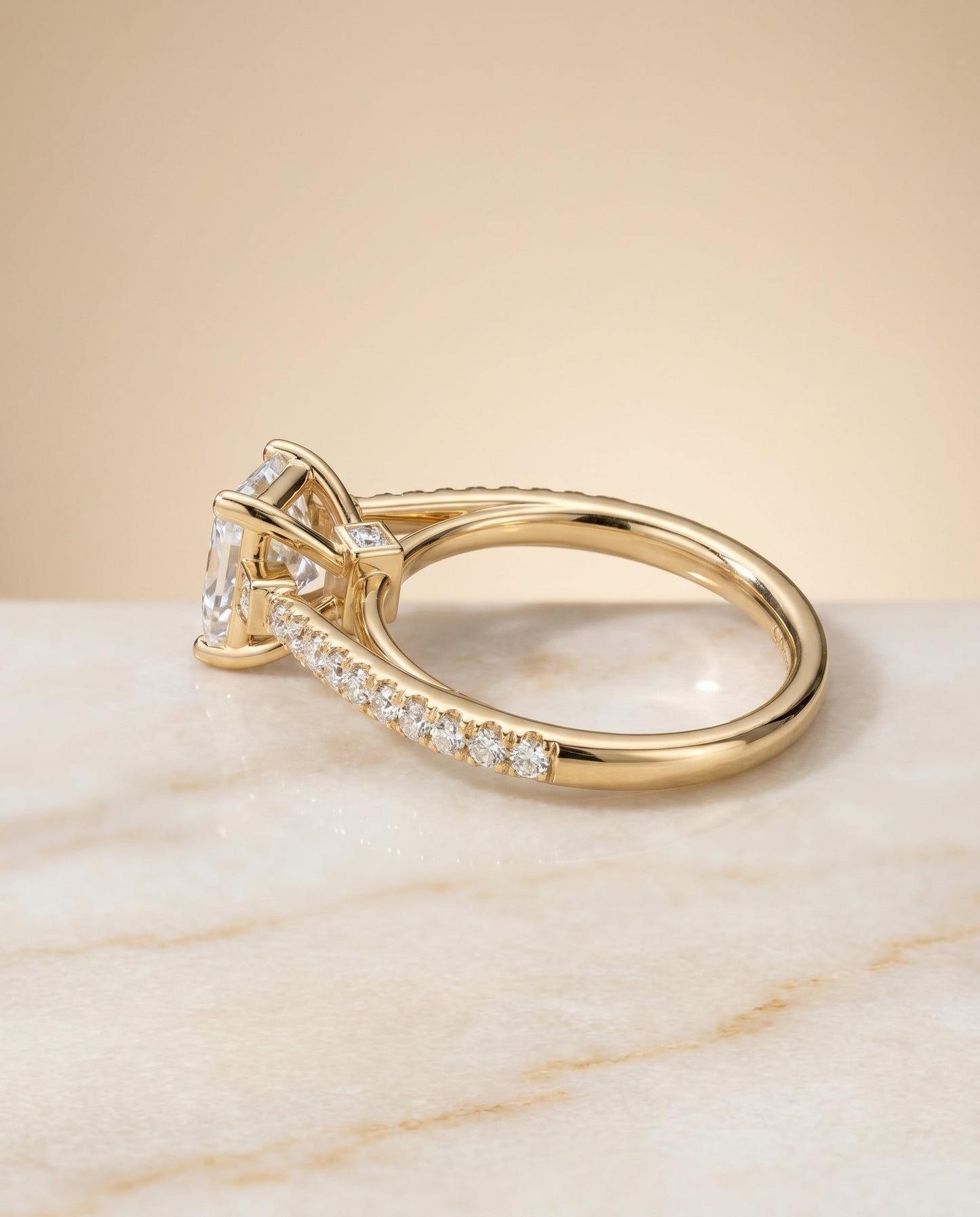 Delicate Split Shank Pavé Princess, in 18K Yellow Gold, pave setting – angled view | RockHer