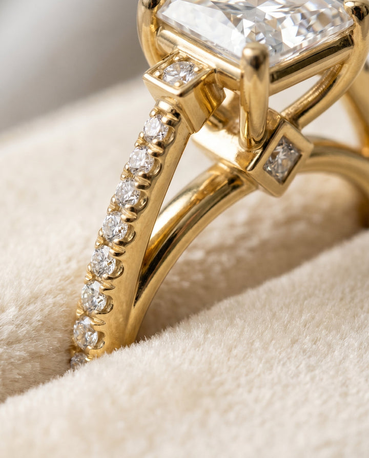 Delicate Split Shank Pavé Princess, in 18K Yellow Gold, pave setting – detail view | RockHer