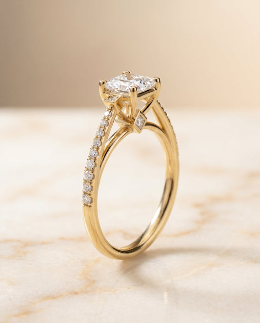 Delicate Split Shank Pavé Princess, in 18K Yellow Gold, pave setting – front view | RockHer