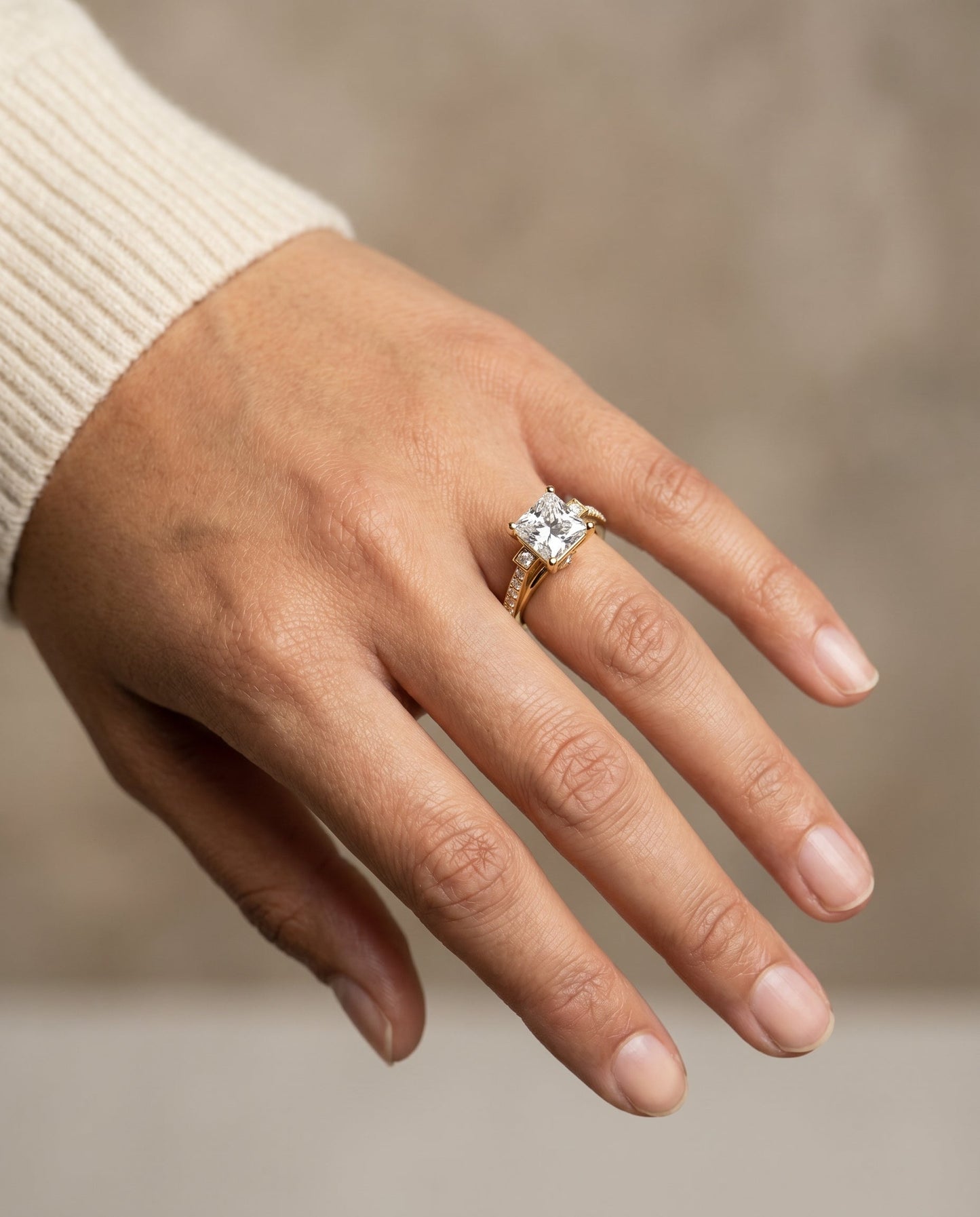 Delicate Split Shank Pavé Princess, in 18K Yellow Gold, pave setting – lifestyle shot | RockHer