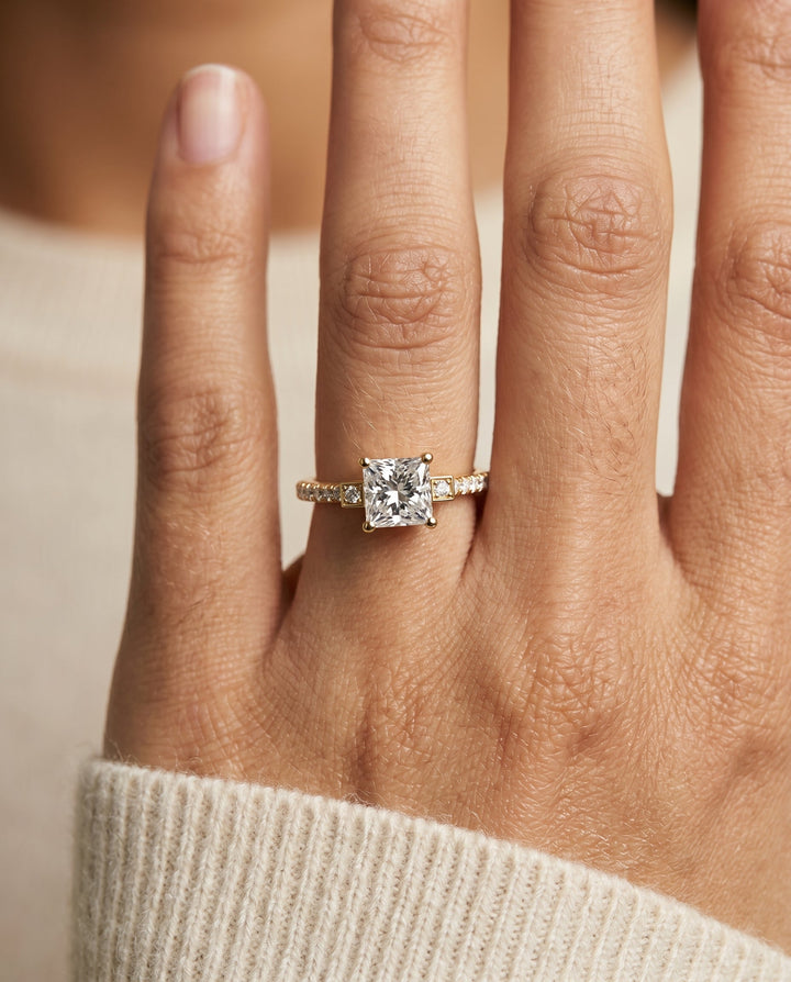 Delicate Split Shank Pavé Princess, in 18K Yellow Gold, pave setting – lifestyle shot | RockHer