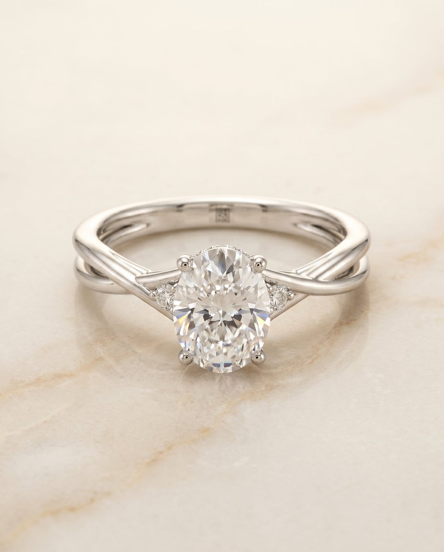 Dusty Select Twisted Shank Hidden Halo Solitaire Oval in 14K White Gold – view 1