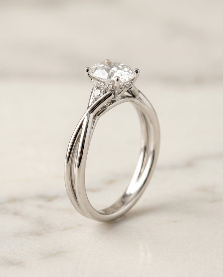 Dusty Select Twisted Shank Hidden Halo Solitaire Oval in 14K White Gold – view 2