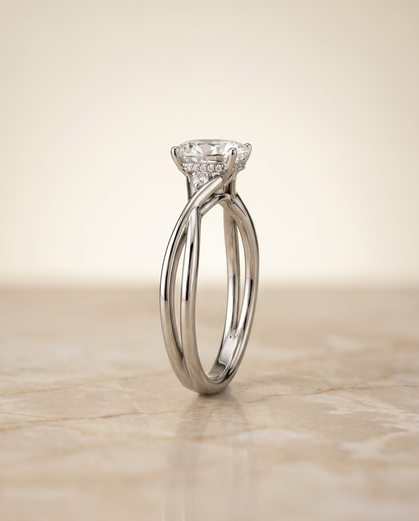 Dusty Select Twisted Shank Hidden Halo Solitaire Oval in 18K White Gold – view 6