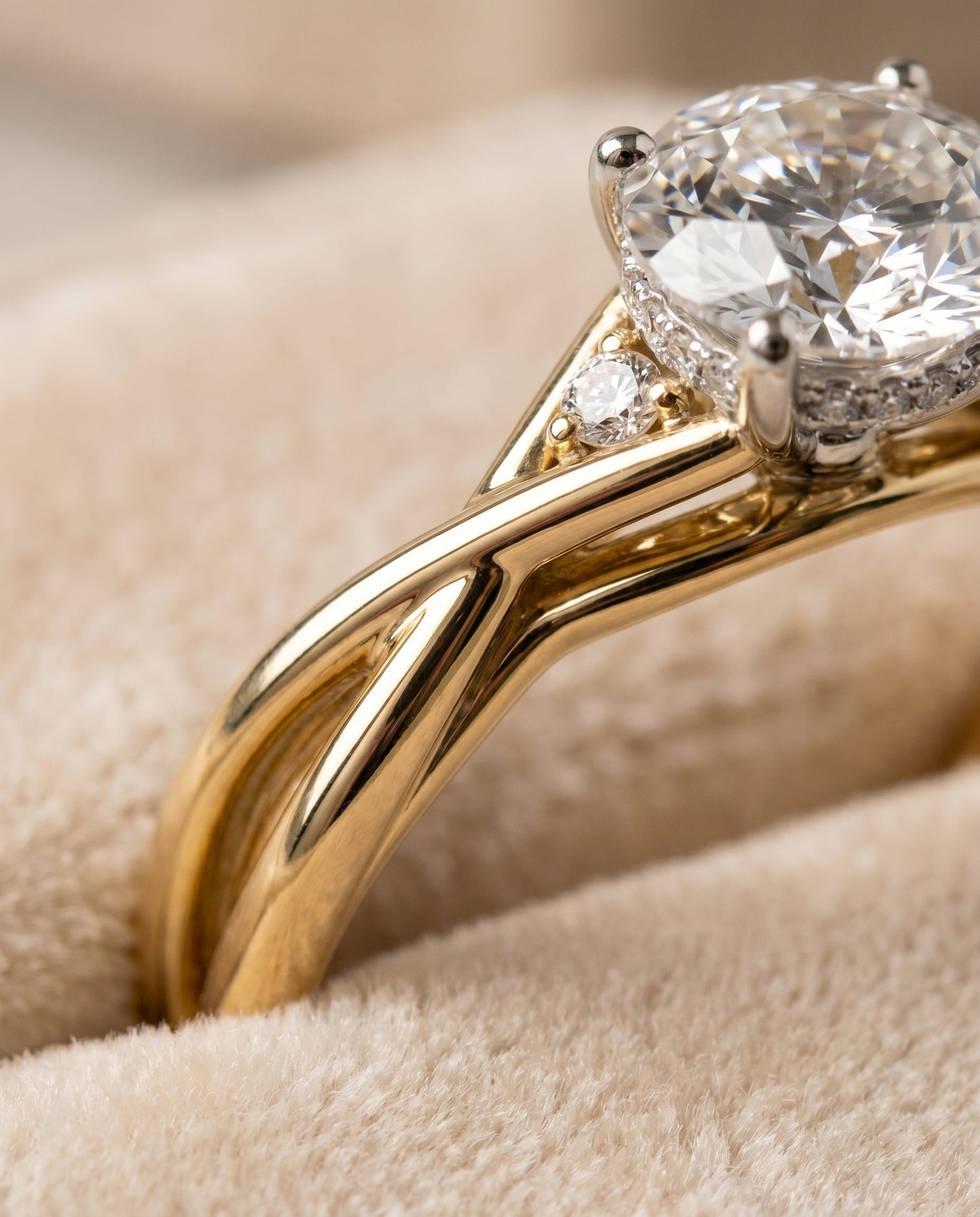 Dusty Select Twisted Shank Hidden Halo Solitaire Oval in 18K Yellow Gold – view 4