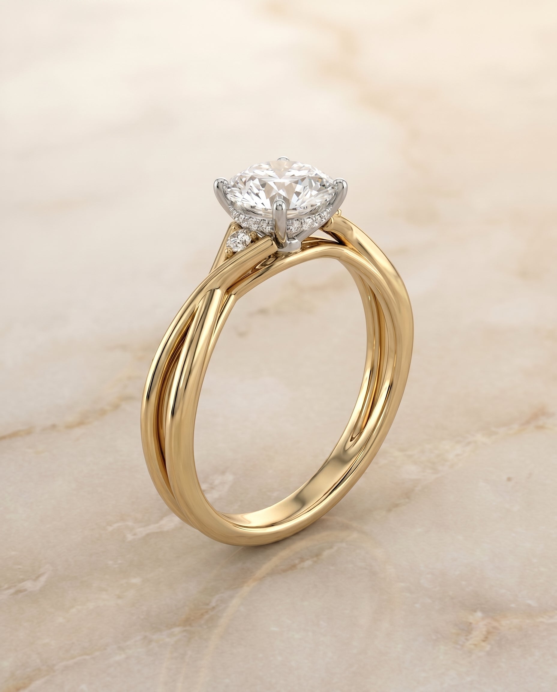 The Dusty Twisted Hidden Halo Solitaire Engagement Ring Setting for Round Diamonds in 18K Yellow Gold | RockHer