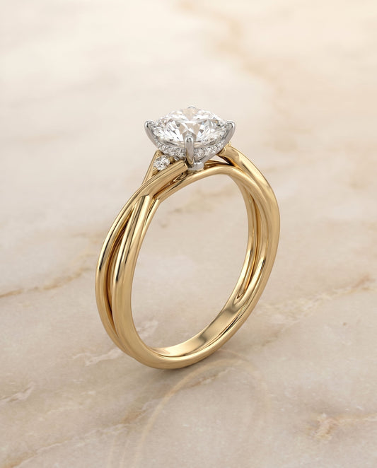 The Dusty Twisted Hidden Halo Solitaire Engagement Ring Setting for Round Diamonds in 18K Yellow Gold | RockHer