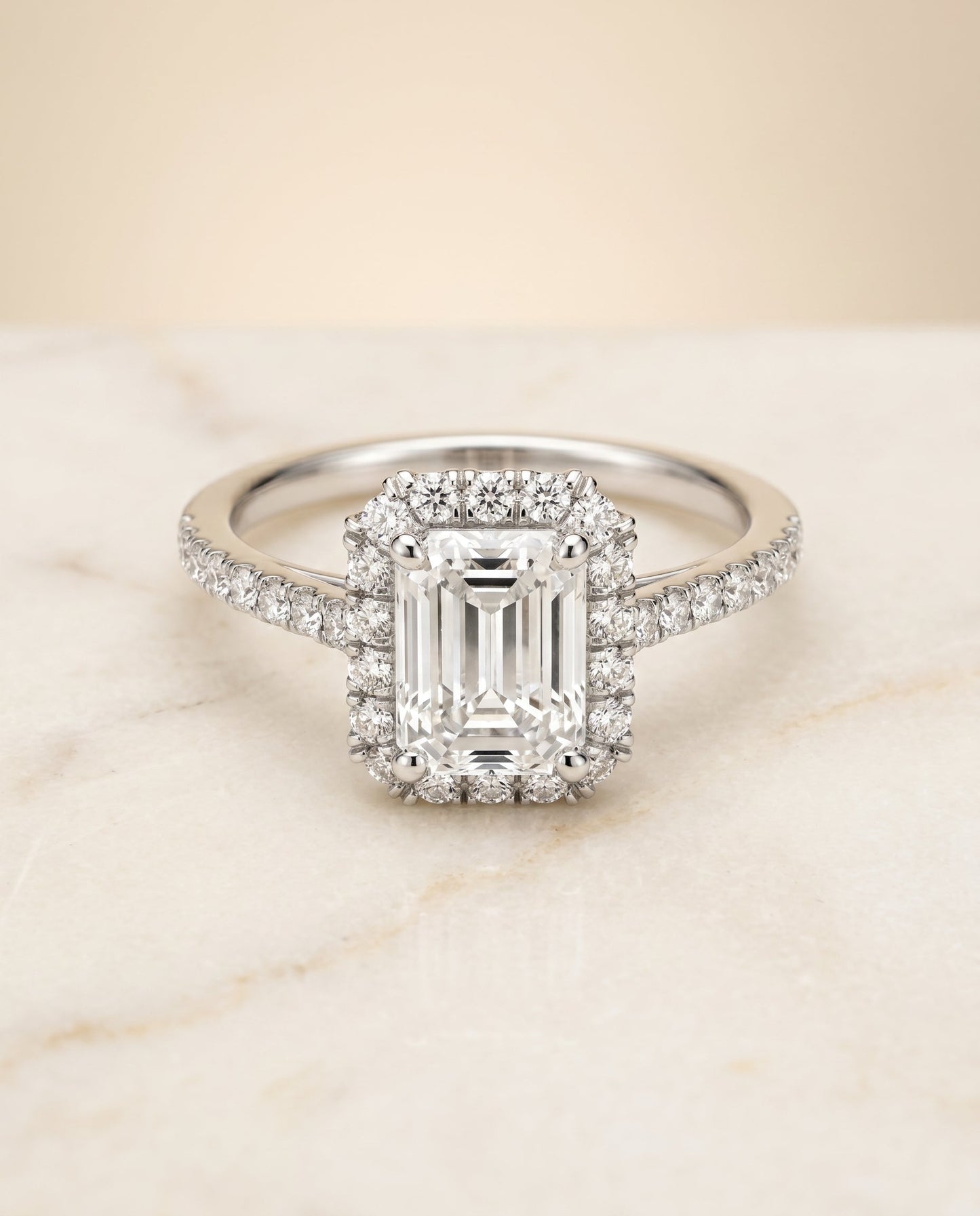 The Dylan Pavé Halo Engagement Ring Setting for Emerald Cut Diamonds in 18K White Gold | RockHer