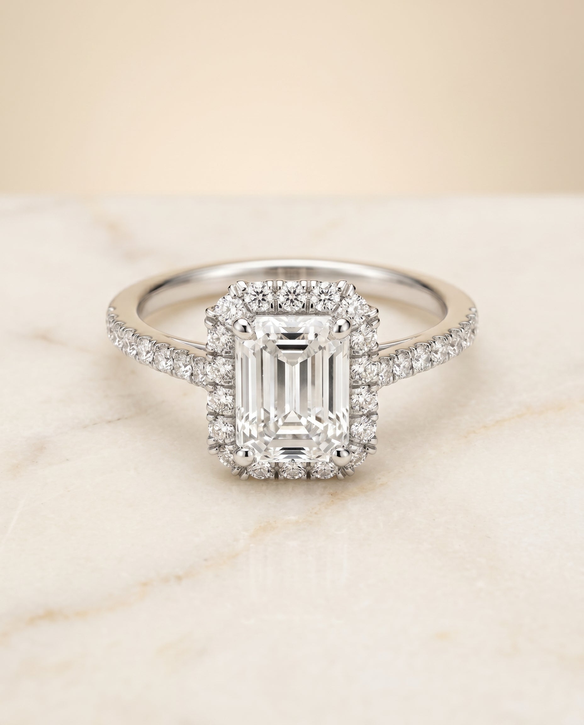 The Dylan Pavé Halo Engagement Ring Setting for Emerald Cut Diamonds in 18K White Gold | RockHer