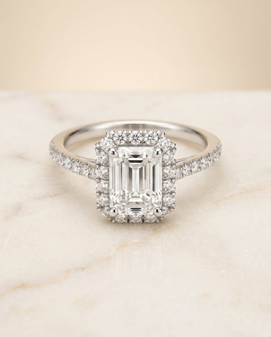 The Dylan Pavé Halo Engagement Ring Setting for Emerald Cut Diamonds in 18K White Gold | RockHer