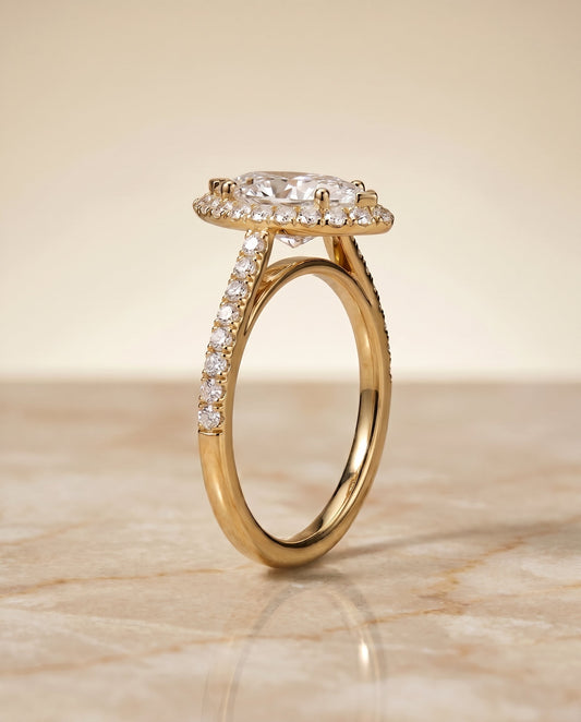 The Dylan Pavé Halo Engagement Ring Setting for Marquise Diamonds in 18K Yellow Gold | RockHer