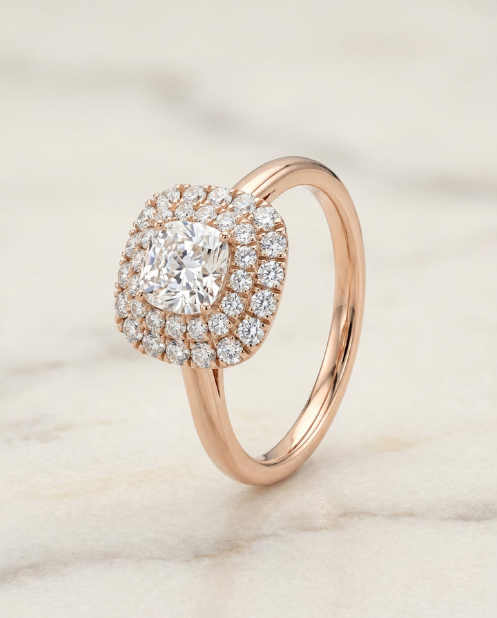 Goldy Select Stair Step Double Halo Cushion in 14K Rose Gold – view 6