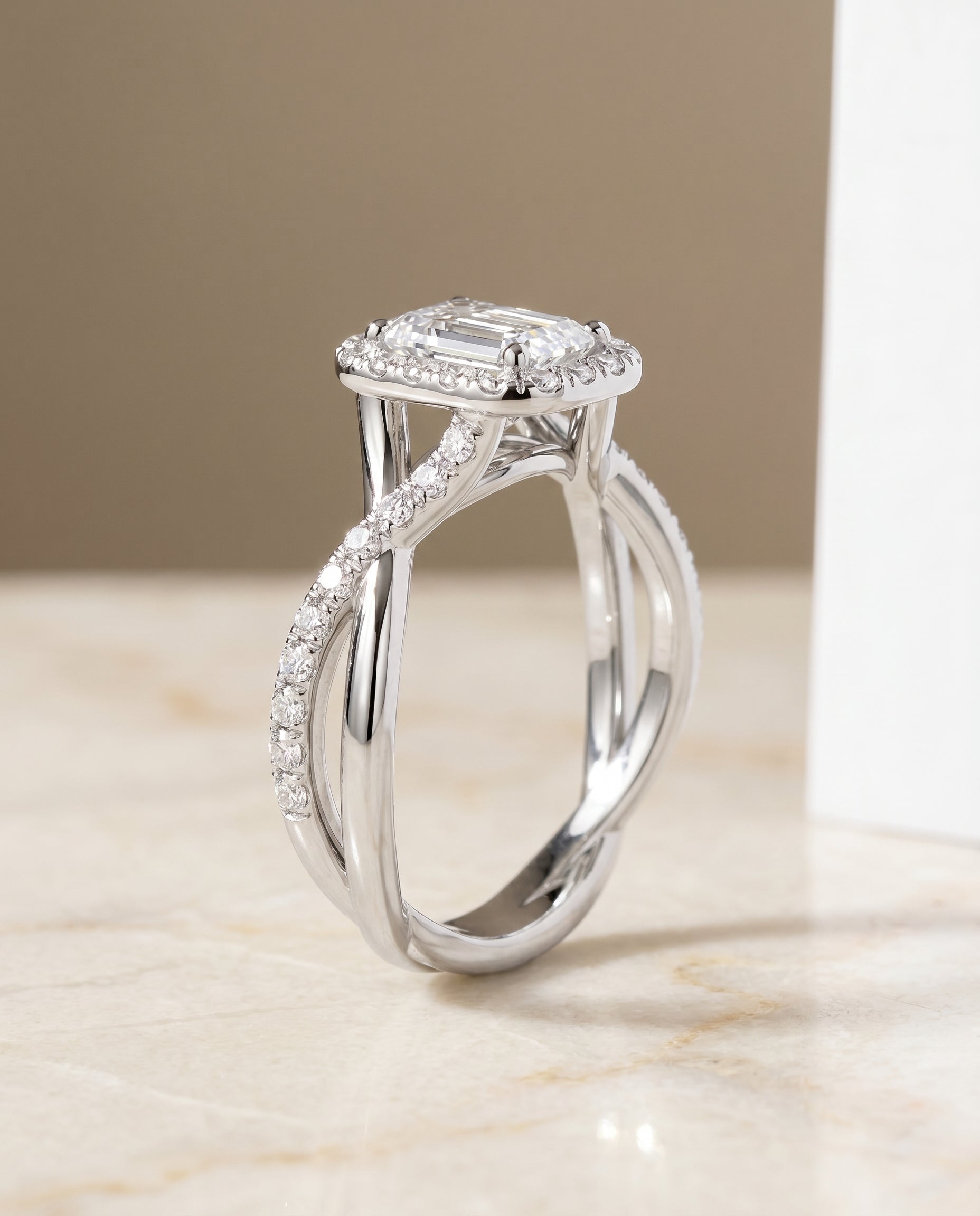 Harmony Select Twisted Vine Halo Emerald Cut in Platinum – view 1