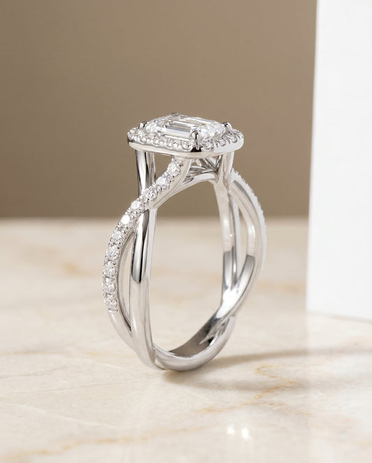Harmony Select Twisted Vine Halo Emerald Cut in Platinum – view 1
