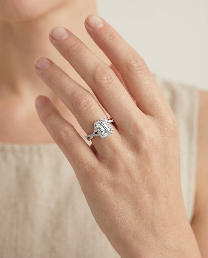 Harmony Select Twisted Vine Halo Emerald Cut in Platinum – view 3