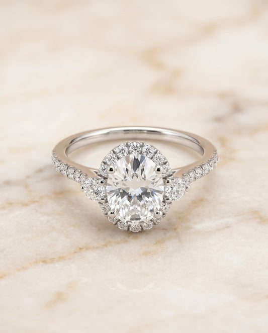 Ivy Select Three Stone Delicate Halo Oval in 14K White Gold – view 1