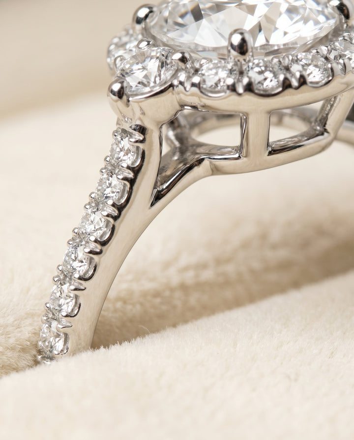 Ivy Select Three Stone Delicate Halo Oval in 18K White Gold – view 4