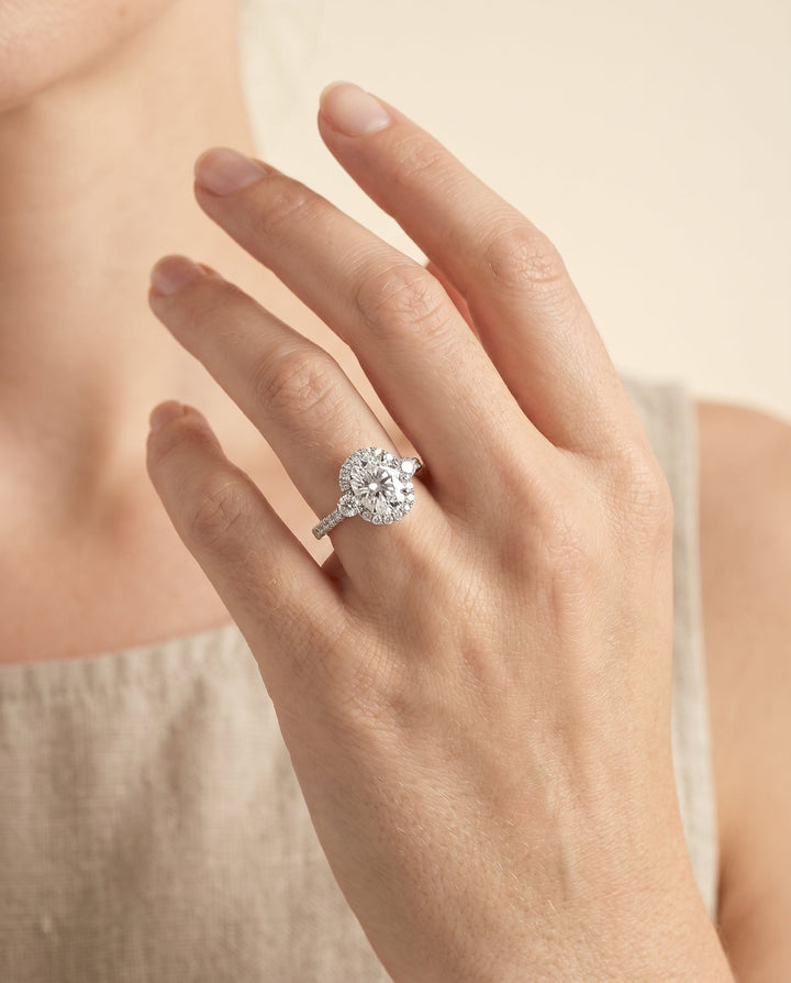 Ivy Select Three Stone Delicate Halo Oval in Platinum – view 5