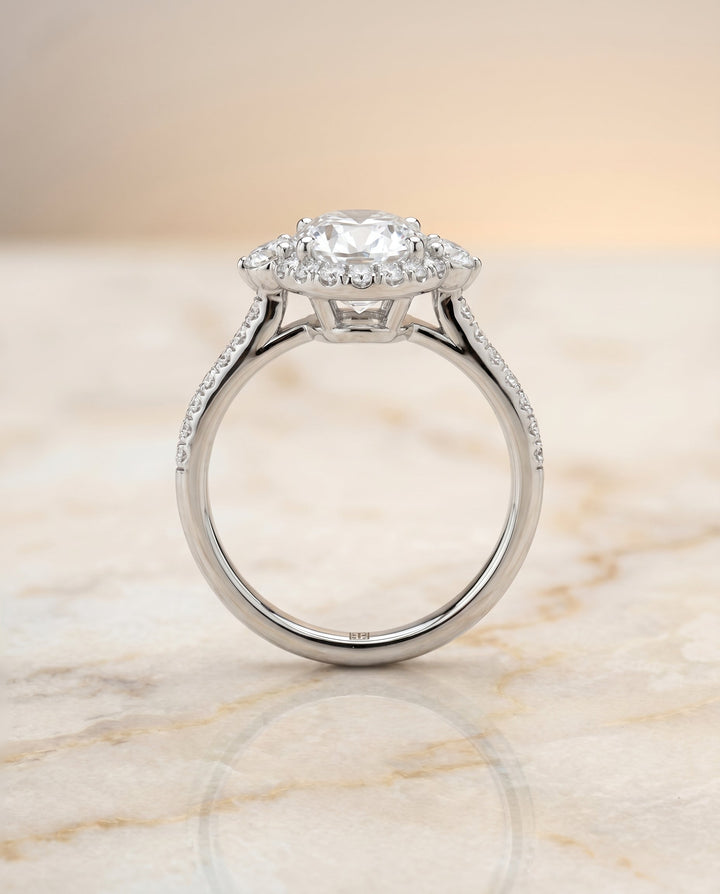 Ivy Select Three Stone Delicate Halo Oval in 18K White Gold – view 6