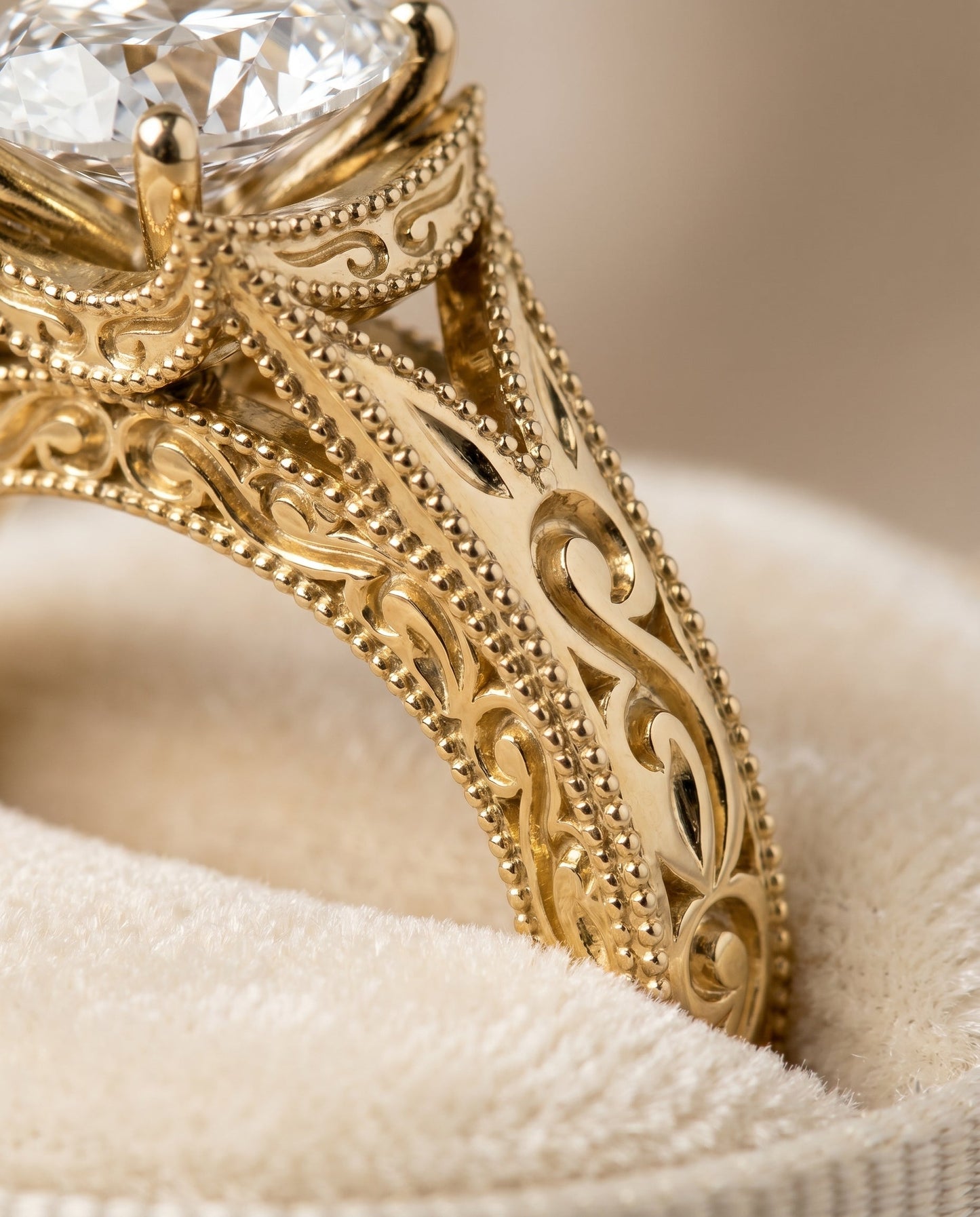 Janis Select Hand Engraved Milgrain Vintage Solitaire Oval in 18K Yellow Gold – view 4