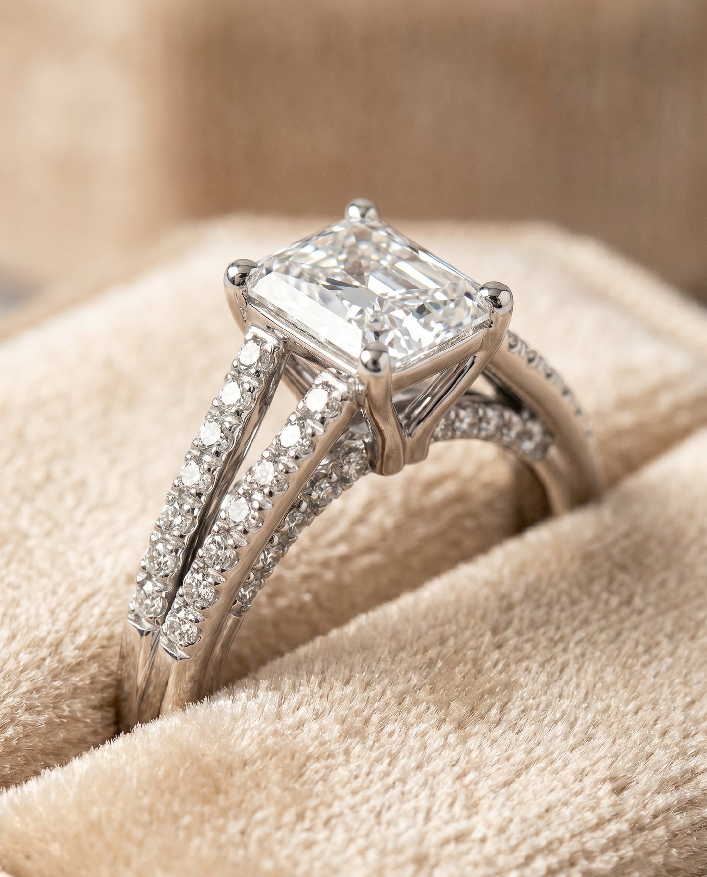 Jessie Select Split Shank French Pave Radiant Solitaire in Platinum – view 4