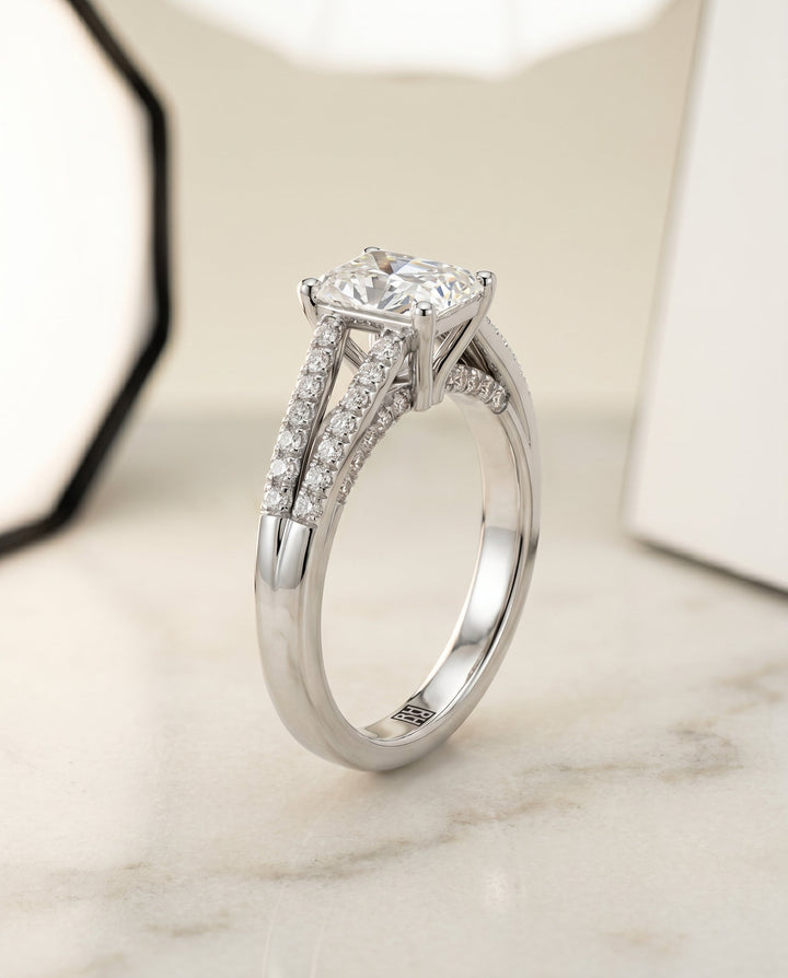 Jessie Select Split Shank French Pave Radiant Solitaire in Platinum – view 6