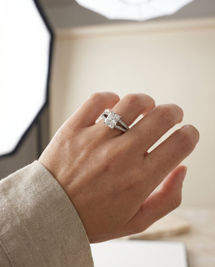 Jessie Select Split Shank French Pave Radiant Solitaire in Platinum – view 5