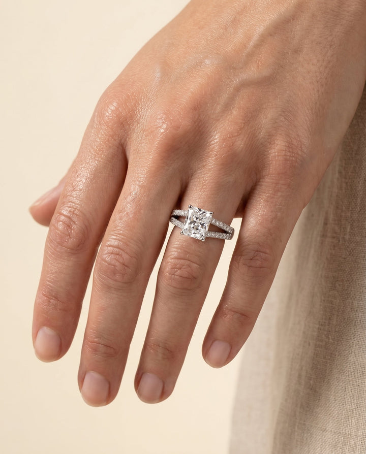 Jessie Select Split Shank French Pave Radiant Solitaire in Platinum – view 3