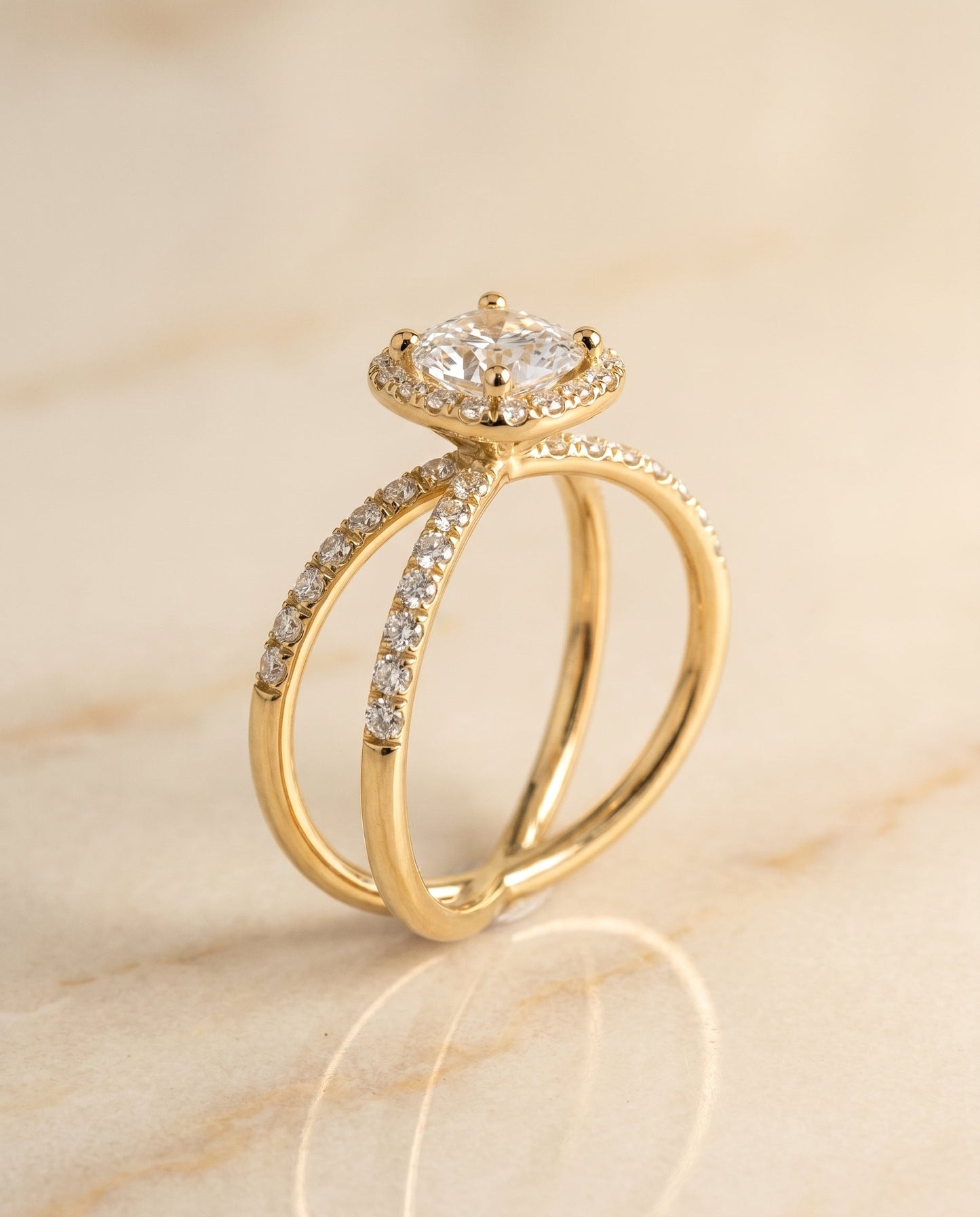 The Joan Pavé Halo Engagement Ring Setting for Cushion Diamonds in 18K Yellow Gold | RockHer