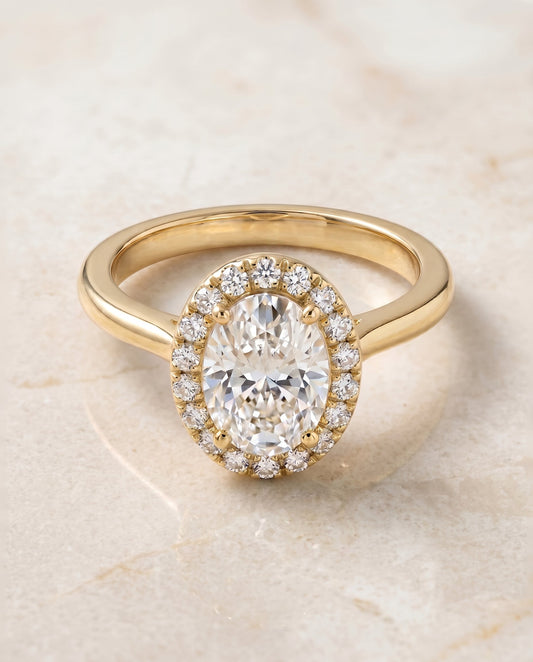 The Kate Pavé Halo Engagement Ring Setting for Oval Diamonds in 18K Yellow Gold | RockHer