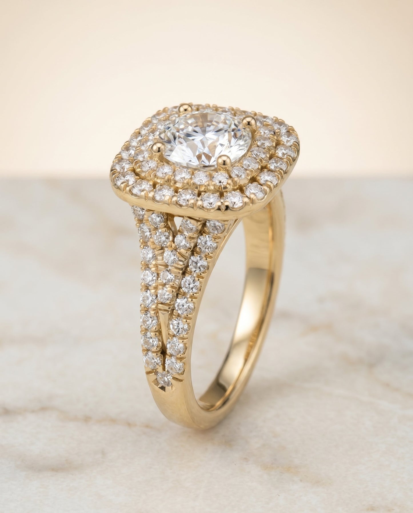 Round Brilliant, Four Row Double Halo, in 18K Yellow Gold, pave setting – angled view | RockHer