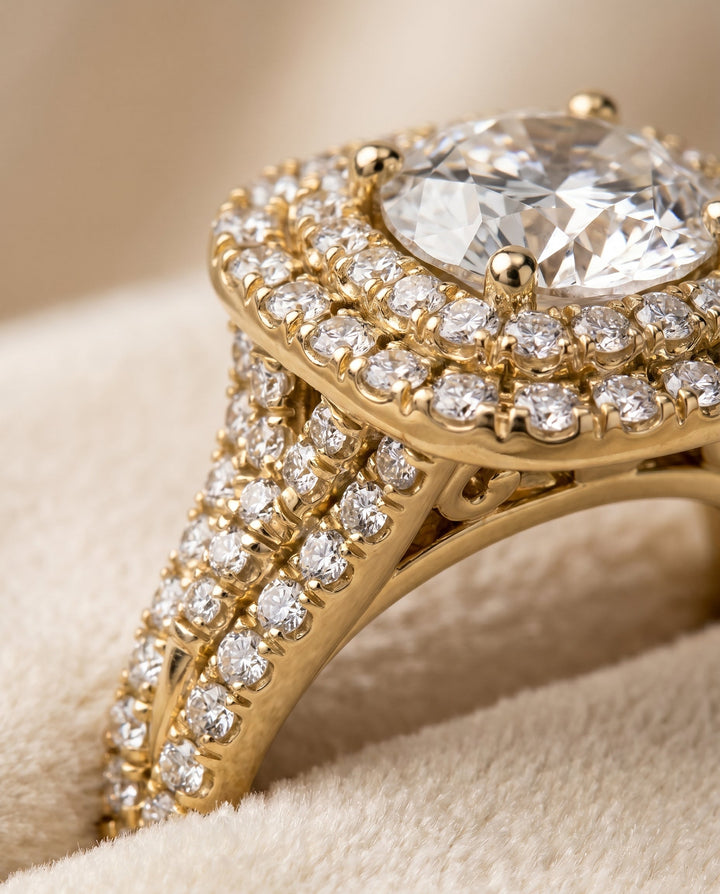 Round Brilliant, Four Row Double Halo, in 18K Yellow Gold, pave setting – detail view | RockHer
