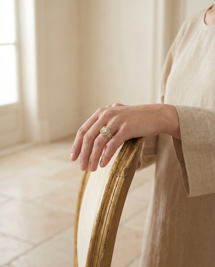 Round Brilliant, Four Row Double Halo, in 18K Yellow Gold, pave setting – lifestyle shot | RockHer